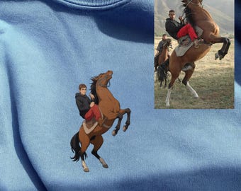 Custom Embroidered Portrait Sweatshirt From Photo - Personalized Horse Portrait Shirt - Horse Riding Sweatshirt - Gift for Horse Lover