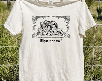 May include: An ivory short-sleeve t-shirt featuring a black ink-style graphic of two knights in armor wrestling on the ground. The illustration is framed by a decorative border and includes the text "What are we?" printed in a gothic font below.