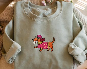 Embroidered Dachshund Valentine Day Shirt Embroidered Dachshund Sweatshirt Dog Valentine Shirt | Sausage Dog Shirt, Gift for Dog Lovers