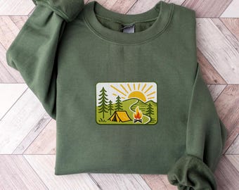 Camper Embroidered Camper Tent Crewneck Sweatshirt | Camping Hiking Nature