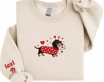 Embroidered Dachshund Valentine's Day Sweatshirt | Personalized Sausage Dog Mom