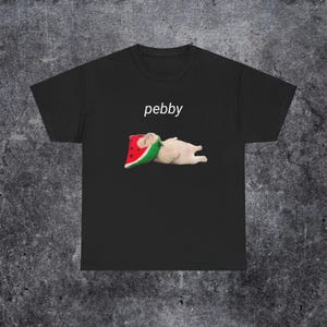 Pode incluir: Camiseta preta com a palavra "pebby" em texto branco. A camiseta apresenta uma ilustração de um bebê usando um chapéu de melancia. O bebê está deitado, com o chapéu de melancia cobrindo sua cabeça.