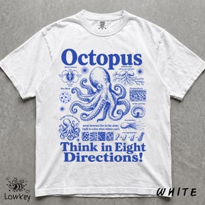 May include: A white short-sleeve t-shirt featuring a blue graphic print of an octopus surrounded by anatomical diagrams and text that reads Octopus, Think in Eight Directions!, and various scientific labels describing octopus biology.