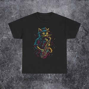 Saxophone Player Abstract Art Unisex Tee, Cat Lover Gift, Jazz Music Motifs Shirt