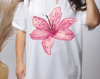T-shirt met bloemenlelies | T-shirt Lily Lover, zomerse vrijetijdskleding, shirt lilium, bohocadeau voor haar