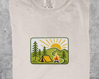 Yellow Sunflower Field embroidered Camping T-shirt | Nature Lover Tee, Summer