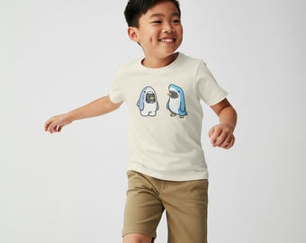 Cute Shark and Penguin Kids Tee | Playful Ocean Animal Illustration, Cute penguin tee for young kids