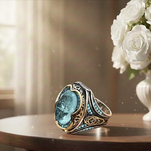 May include: An ornate silver ring with a large, oval, light blue gemstone. The ring features gold and turquoise accents, with intricate patterns along the band. A bouquet of white roses in a white vase is in the background.
