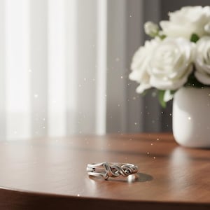 May include: A silver ring with a woven design sits on a wooden table. The ring's intricate pattern is the focal point, with a blurred background featuring white roses in a vase and a window with soft light.