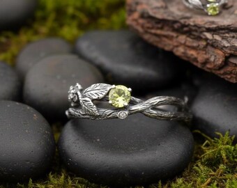 Bohemian Branch Ring with Zircon - Antique Silver Plated Twig Ring - Nature Inspired Botanical Jewelry - Whimsical Vine Band.