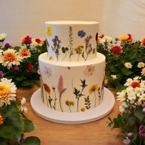 Torta nuziale finta a 2 piani con fiori di campo secchi, finta torta ricordo conservata, centrotavola per fidanzamento/compleanno, decorazione da giardino per matrimonio