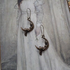Art Nouveau Lady Moon earrings | antiqued brass lady on the moon earrings | gift for her | gothic dramatic art nouveau earrings