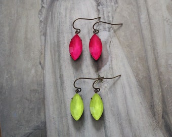 NEON tear drop earrings | Summer Gothic Victorian inspired | vintage Austrian neon green and pink rhinestone earrings