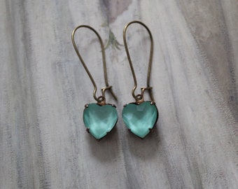 AQUA blue hearts earrings | Victorian inspired Austrian glass heart earrings | dangle drop poet earrings