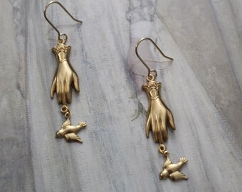Victorian Hands holding sparrows earrings | Antique inspired whimsical hands earrings | gift for her | tiny brass sparrow earrings