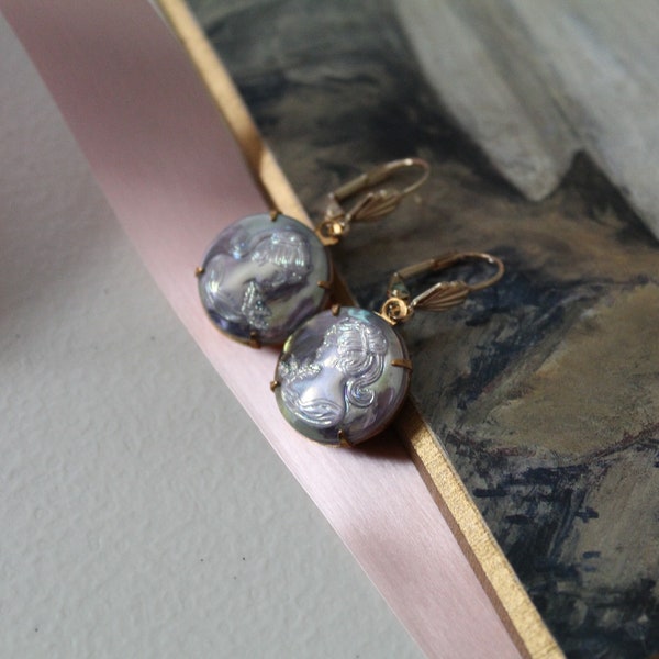 ICE BLUE CAMEO dangle drop earrings | Victorian Antique Regency earrings | romantic poet nacreous cameo earrings