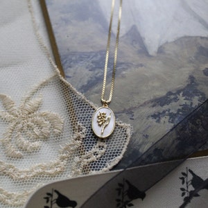 Lily Of The Valley cameo necklace | Victorian Regency Antique mother of pearl poet necklace | 925 box chain necklace