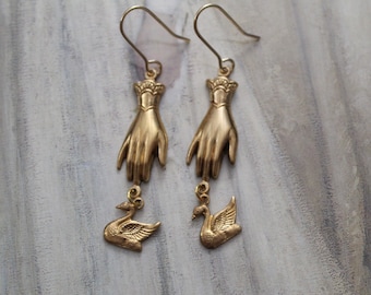 Victorian Hands holding swans earrings | Antique inspired whimsical hands earrings | gift for her | tiny brass swan earrings