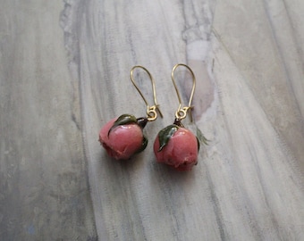 ROSE buds dangle earrings | caramelized real roses earrings | Victorian Regency roses earrings