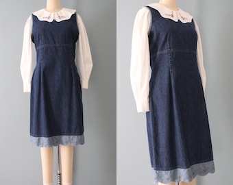 SCALLOPED bottom pinafore | empire waist pinafore dress | embroidered denim dress