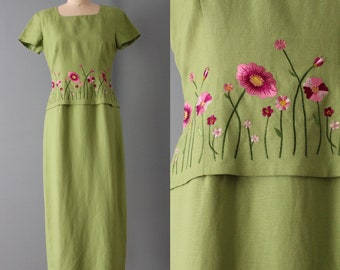 vintage avocado green dress | 90s Jessica Howard linen dress | spring embroidery peplum dress