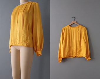MUSTARD cropped blouse | 80s silky pleated blouse | button back secretary blouse