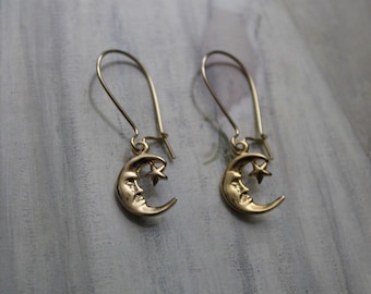 Art Nouveau Moon earrings | antiqued brass moon man earrings | gift for her | gothic dramatic art nouveau earrings