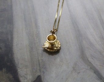 English TEA cup necklace | 14K gold brass teatime charm | 925 gold box chain necklace