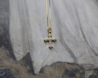 Victorian Cross necklace | Georgian Antique inspired clear rhinestone small cross necklace | 925 gold box chain necklace