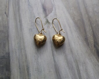 EMBOSSED puffy hearts earrings | Victorian Antique inspired golden hearts earrings | small dangle puffy heart earrings