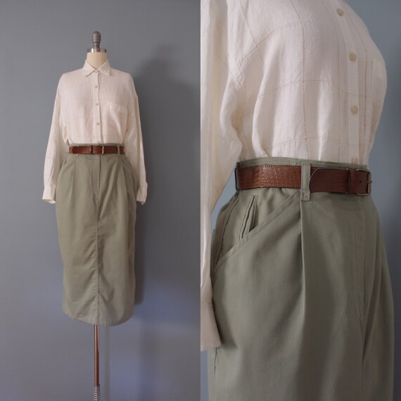 SAGE green maxi skirt | belted cotton skirt | 1970