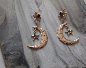 MOON and STAR dangle earrings | Art Deco Witchy stud earrings | lavender rhinestones poet earrings