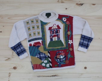 Victorian House Farm Barn Hay Homestead sweater | 90s Cullinane hand knit rosettes sweater
