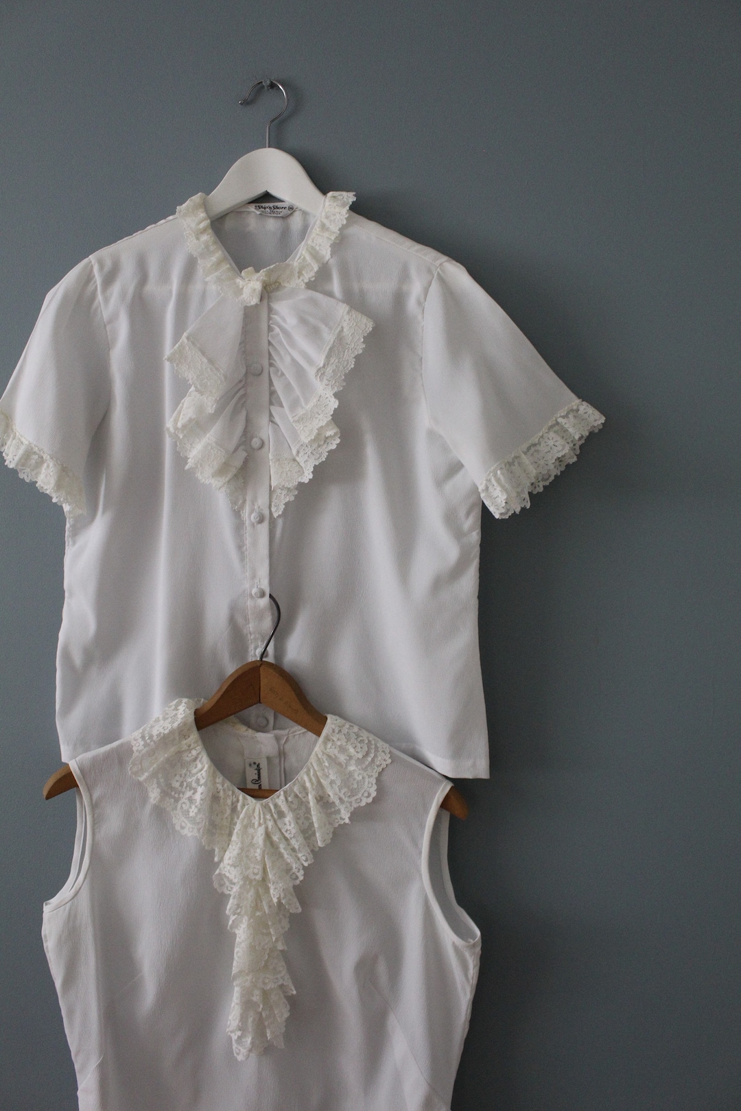 1960s Lace Ruffled Jabot Blouses Bisque White Mod Chemises Etsy