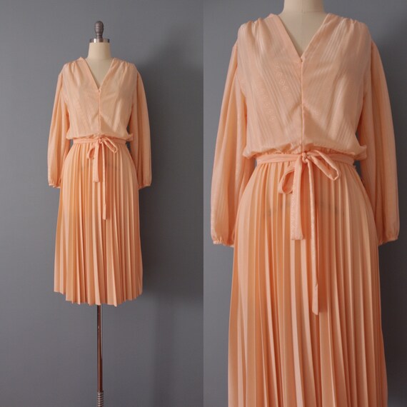PEACH belted dress | pleated day dress | bell slee