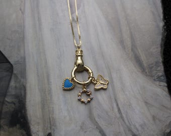 Victorian Hand and charms necklace | 14K gold plated carabiner hand charm holder necklace | 925 box chain necklace