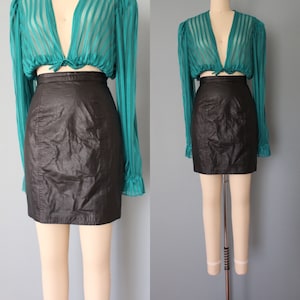 BLACK leather mini skirt | 1980s bodycon mini skirt | high bended leather mini skirt