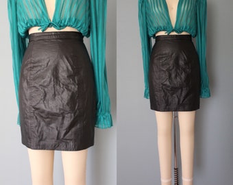 BLACK leather mini skirt | 1980s bodycon mini skirt | high bended leather mini skirt