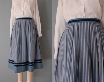 striped cotton flared skirt | 1970s dirndl midi skirt | periwinkle blue cotton twirl skirt