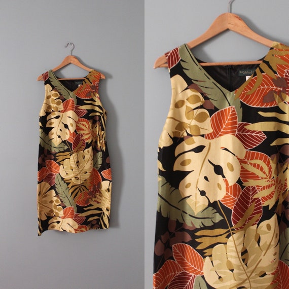 LEAF print shift silk dress | 90s auburn leaf prin