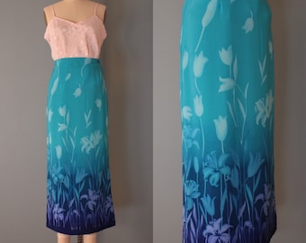 BLUE ombre maxi skirt | 90s whimsical flowers skirt | three tone ombre maci skirt