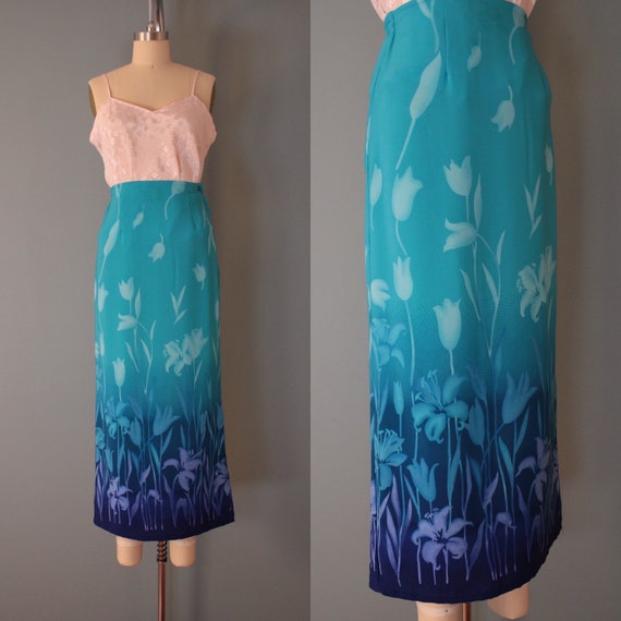 BLUE Ombre Maxi Skirt 90s Whimsical Flowers Skirt Three Tone Ombre Maci Skirt Etsy Canada