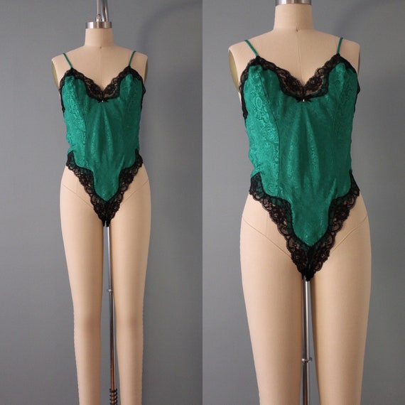 KELLY green lace teddy | 80s embossed sexy onesie… - image 1