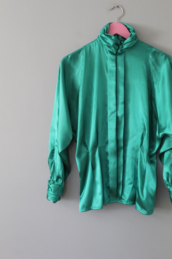 Shamrock green liquid blouse | pleated puff neck … - image 4