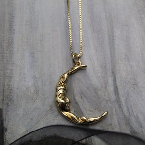 Victorian Moon necklace | Antique Art Nouveau 14K gold plated moon man necklace | 925 box chain necklace