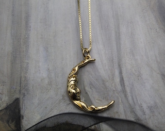 Victorian Moon necklace | Antique Art Nouveau 14K gold plated moon man necklace | 925 box chain necklace