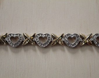 HEARTS rhinestone bracelet | chain link heart bracelet | two tone heart and x bracelet