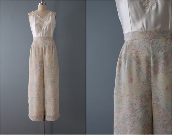 pastel floral wide pants | 1990s gaucho high wais… - image 1