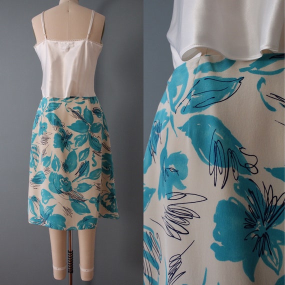 AZURE blue splatter flowers silk skirt - image 3