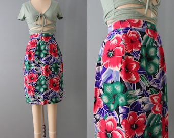 Falda tubo de seda BOTANICAL / falda NWT nueva de stock antiguo de los años 80 / falda tubo cruzada de seda con flores brillantes